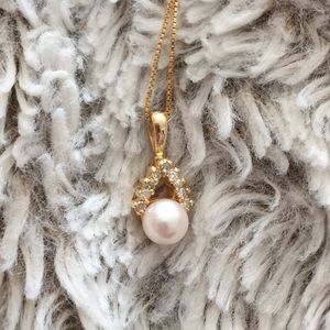 Real Pearl & Diamond Pendant 14 K Gold Necklace